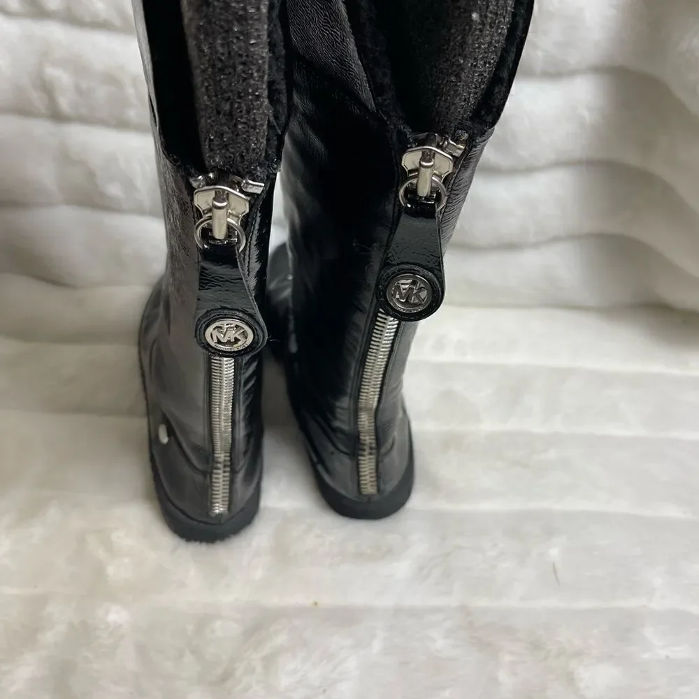 Michael Kors patent leather black knee high boots back zipper logo accent SZ7.5